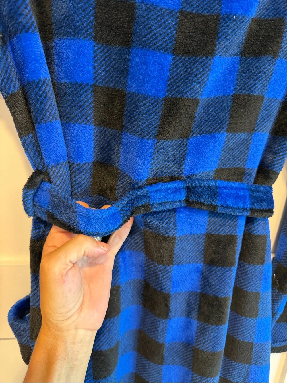 Kids Blue & Black Buffalo Plaid Fleece Robe with Belt